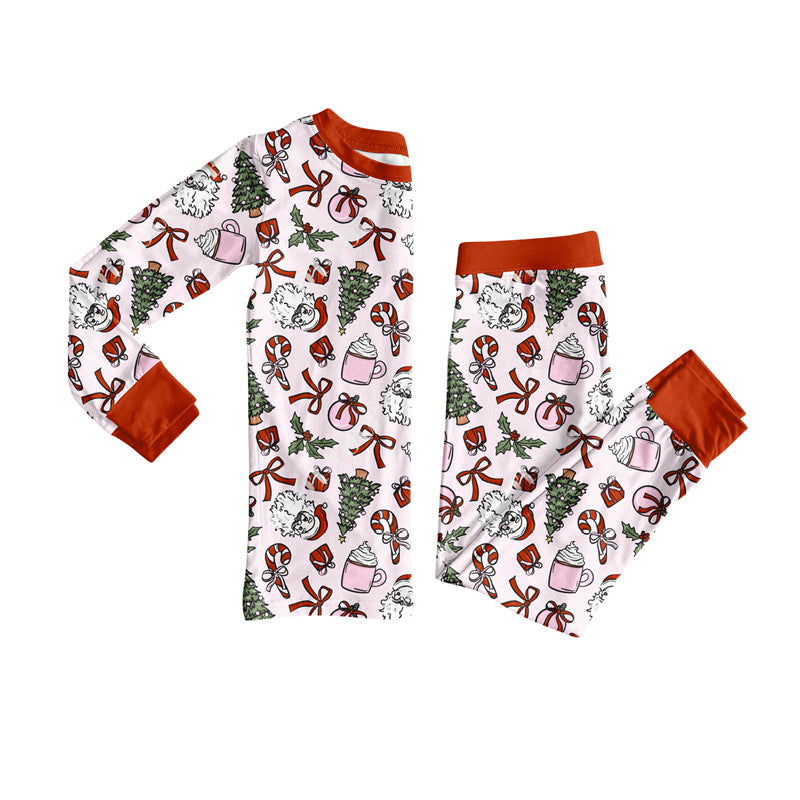preorder GLP2557 Christmas Santa candy cane bows tree pink long sleeve pants girls pajamas