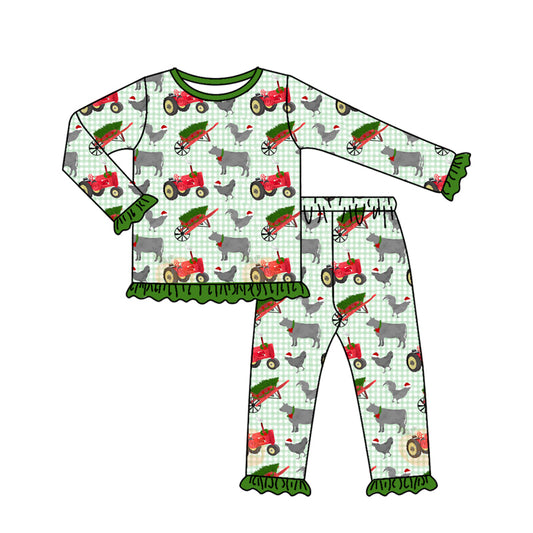 preorder GLP2561 Christmas tractor animals green checkered long sleeve pants girls pajamas