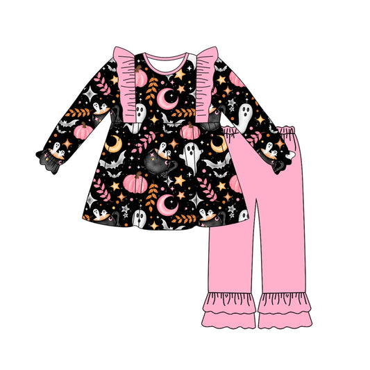 preorder GLP2568 Halloween spooky pumpkin black long sleeve pink pants girls set
