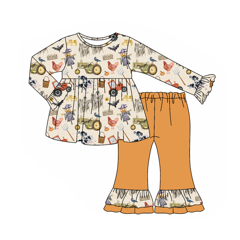 preorder GLP2585 Halloween farm tractor chick animals spooky long sleeve orange pants girls set