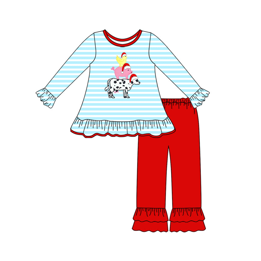 preorder GLP2590 Christmas animals chick pig dog blue striped red pants girls set