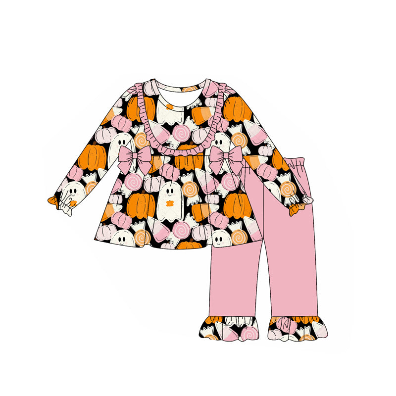 preorder GLP2598 Hallooween spooky pumpkin bows long sleeve pink pants girls set