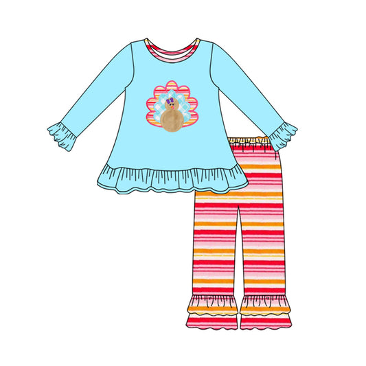preorder GLP2602 Thanksgiving turkey blue long sleeve red striped pants girls set