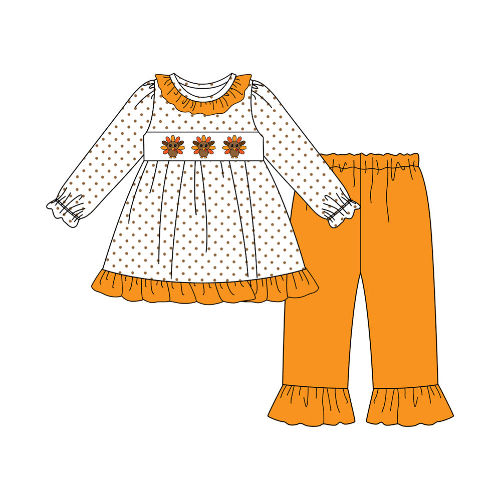 preorder GLP2606 Thanksgiving turkey dot long sleeve orange pants girls set