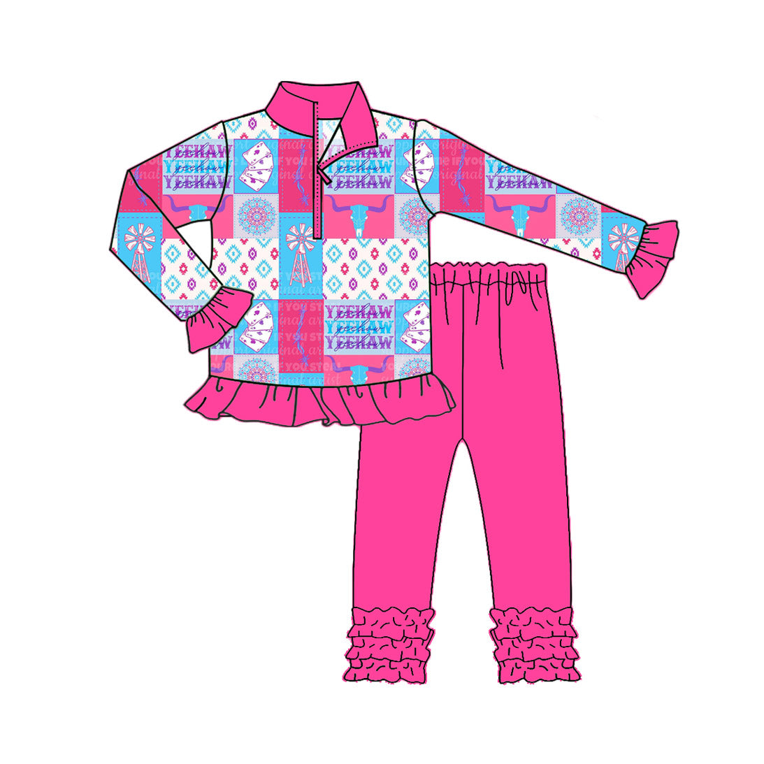 preorder GLP2609 Western Aztec playground zipper long sleeve hot pink pants girls set