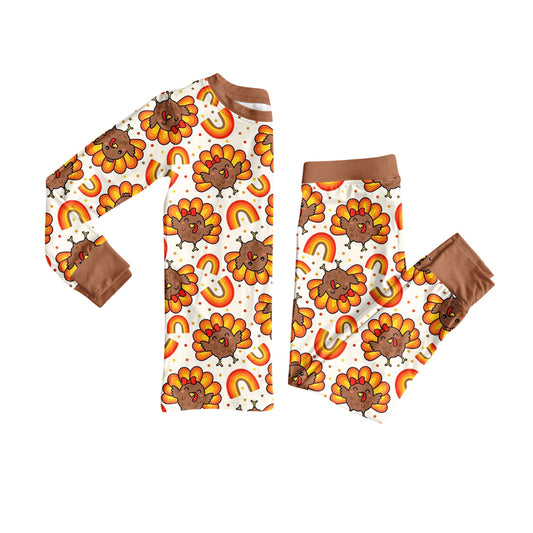 preorder GLP2613 Thanksgiving turkey rainbows brown long sleeve pants girls pajamas