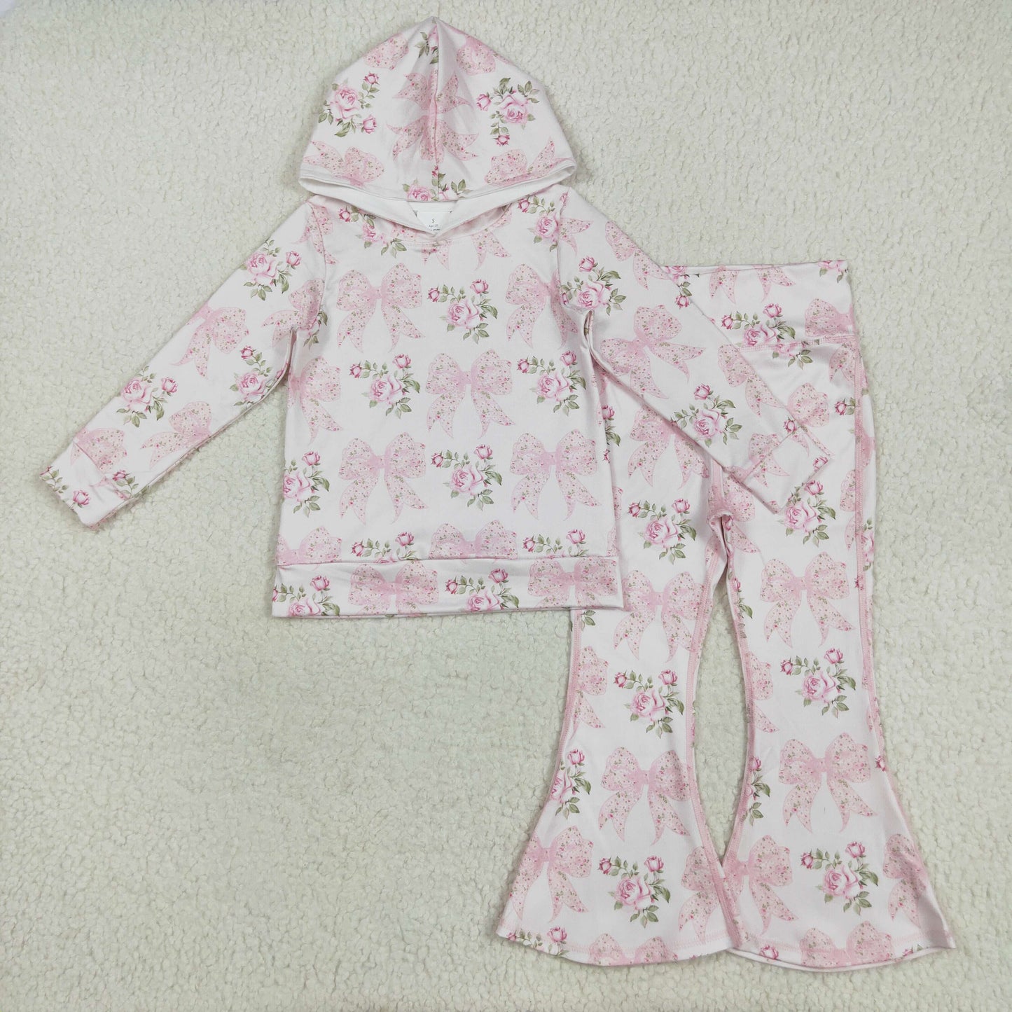 GLP2614 pink flowers bows long sleeve hoodie pants girls set