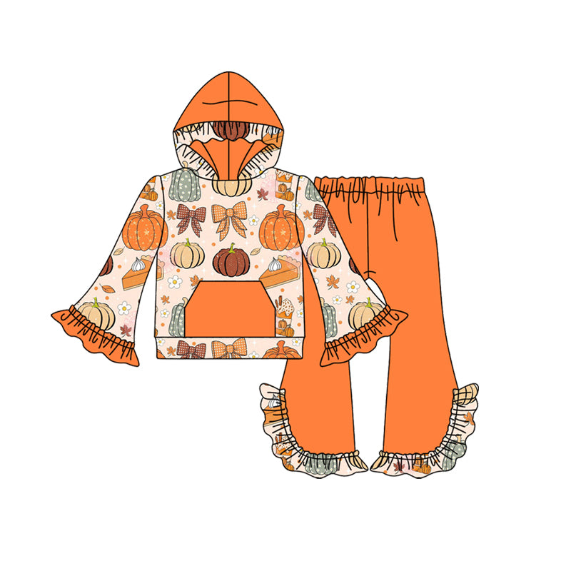 preorder GLP2618 Autumn pumpkin bows orange hoodie pocket long sleeve orange pants girls set