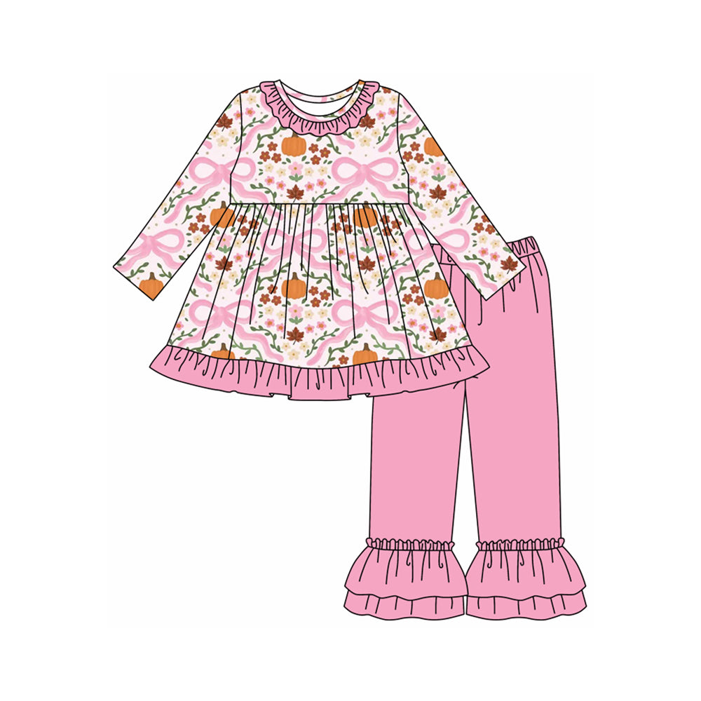 preorder GLP2626 colorful flowers pumkin floral bows long sleeve pink pants girls set