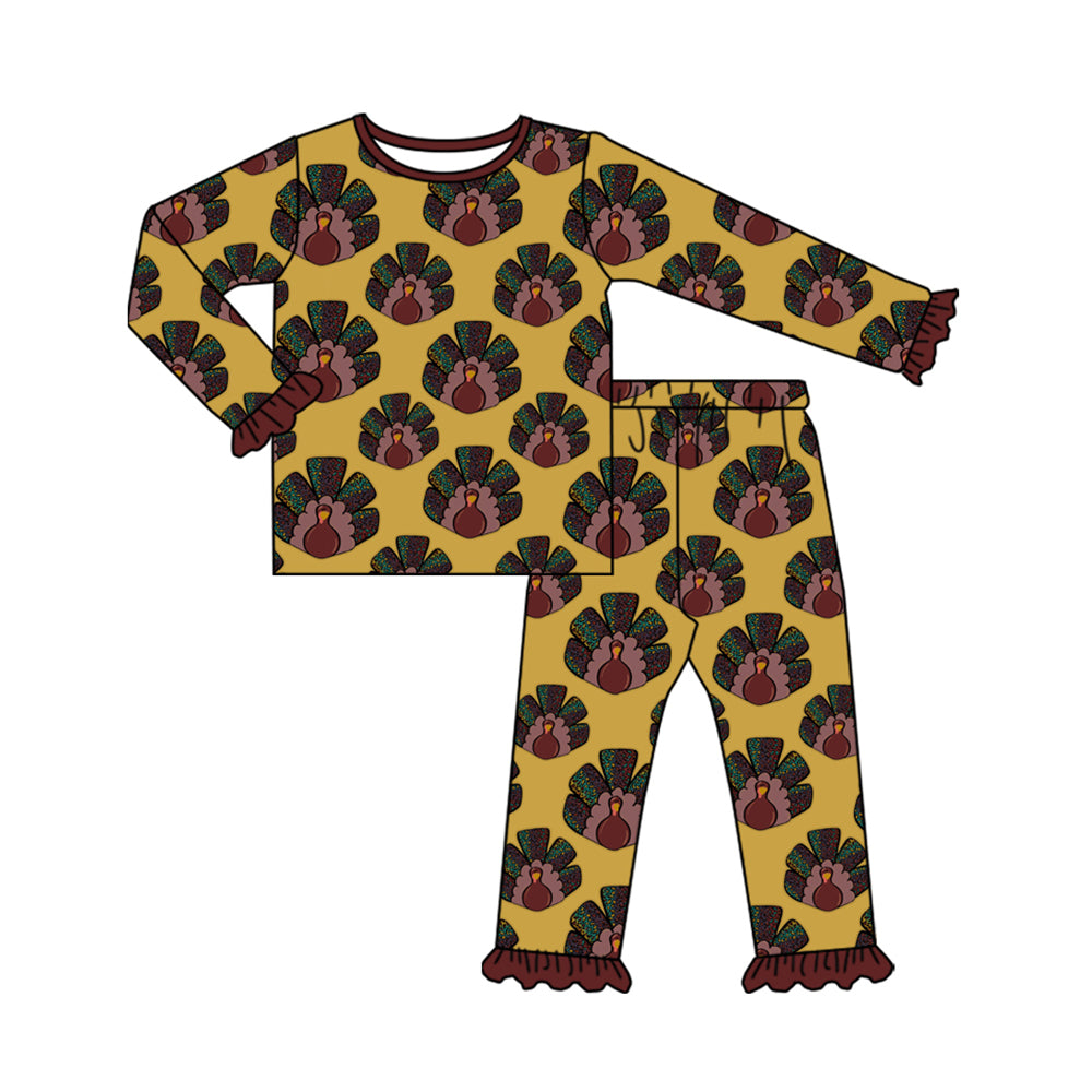 preorder GLP2630 Thanksgiving turkey yellow long sleeve pants girls pajamas