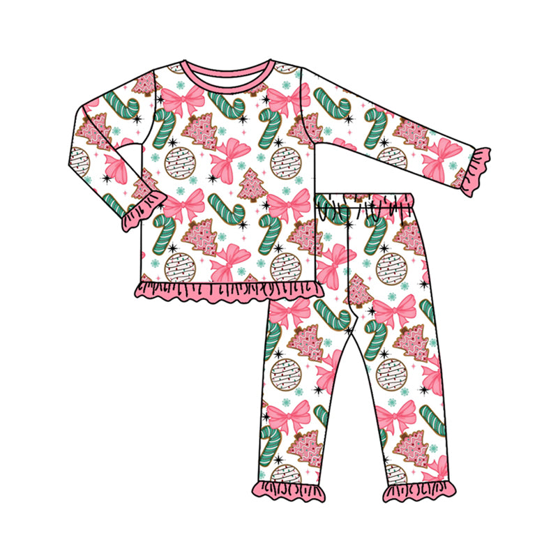 preorder GLP2632 Christmas cane candy bows tree pink long sleeve pants girls pajamas