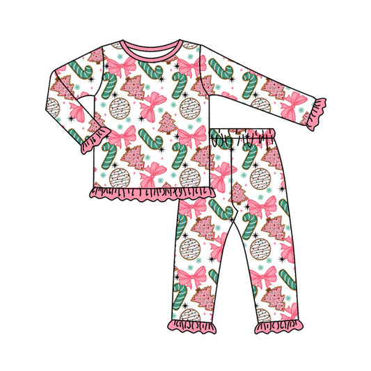 preorder GLP2632 Christmas cane candy bows tree pink long sleeve pants girls pajamas