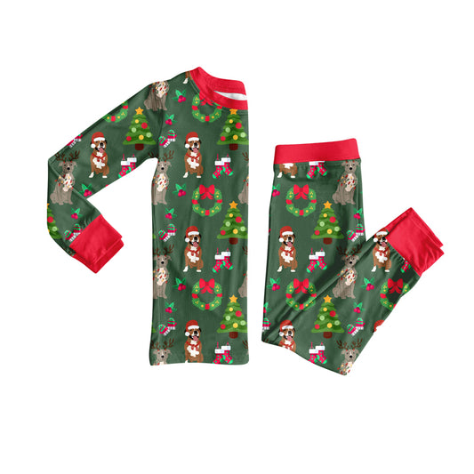 preorder GLP2633 Christmas dog tree holly berry green long sleeve pants girls pajamas