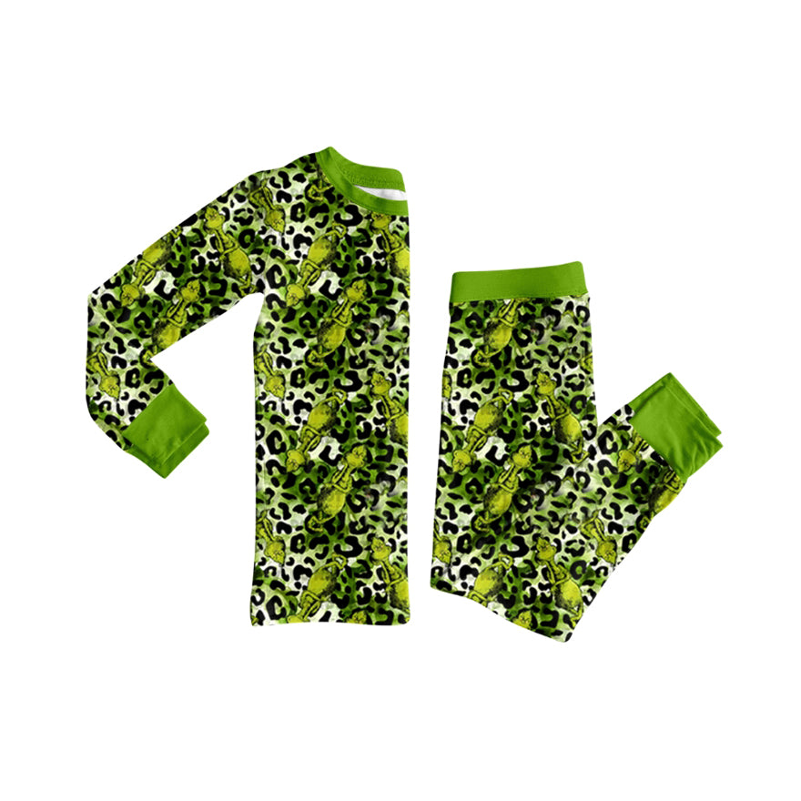 preorder GLP2634 Christmas green face leopard long sleeve pants girls pajamas