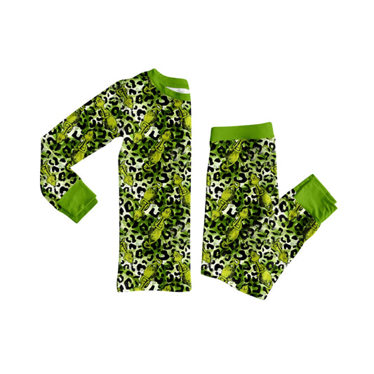 preorder GLP2634 Christmas green face leopard long sleeve pants girls pajamas