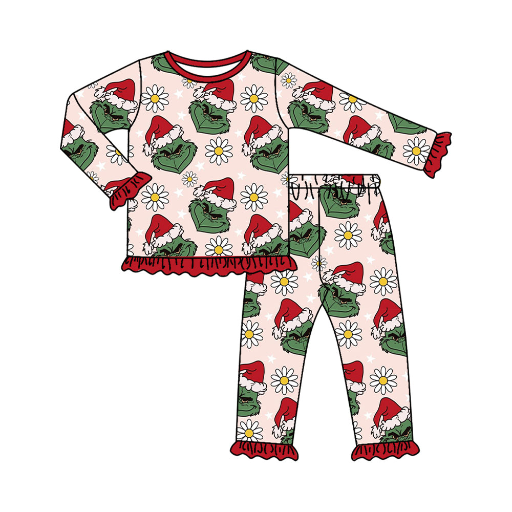 preorder GLP2636 Christmas greem fa ce flowers red long sleeve pants girls pajamas