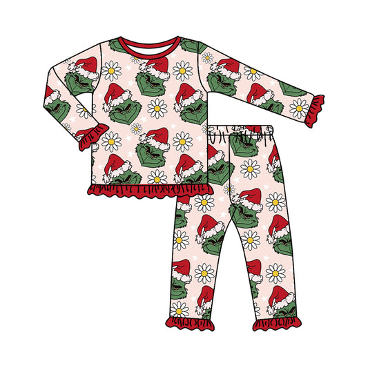 preorder GLP2636 Christmas greem fa ce flowers red long sleeve pants girls pajamas