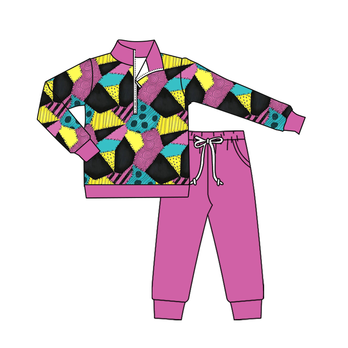 preorder GLP2649 Halloween black blue yellow zipper long sleeve hot pink pants girls set
