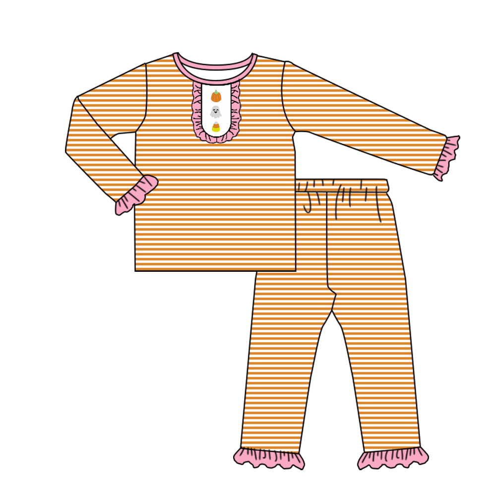 preorder GLP2658 Halloween spooky pumpkin orange striped long sleeve pants girls pajamas