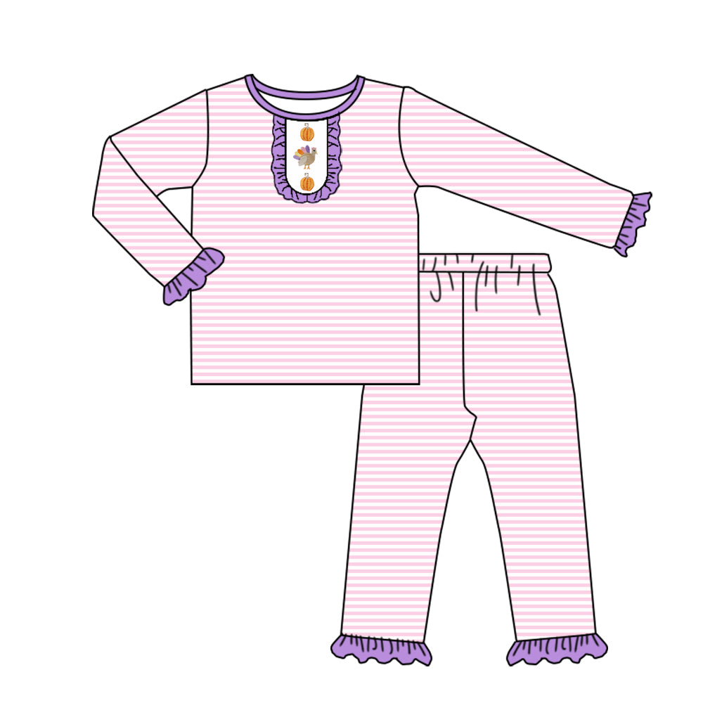 preorder GLP2659 Christmas pink striped Thanksgiving turkey long sleeve pants girls pajamas