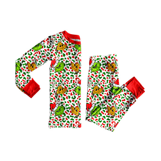 preorder GLP2661 Christmas green face green red leopard long sleeve pants girls pajamas