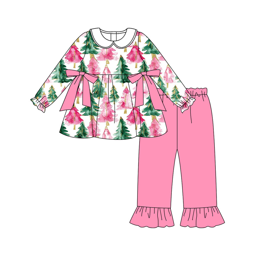preorder GLP2663 Christmas green pink tree bows long sleeve pink pants girls set