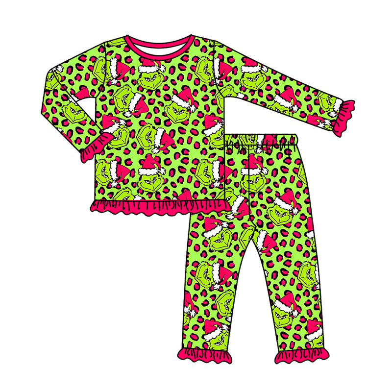 preorder GLP2671 Christmas green face leopard long sleeve pants girls pajamas