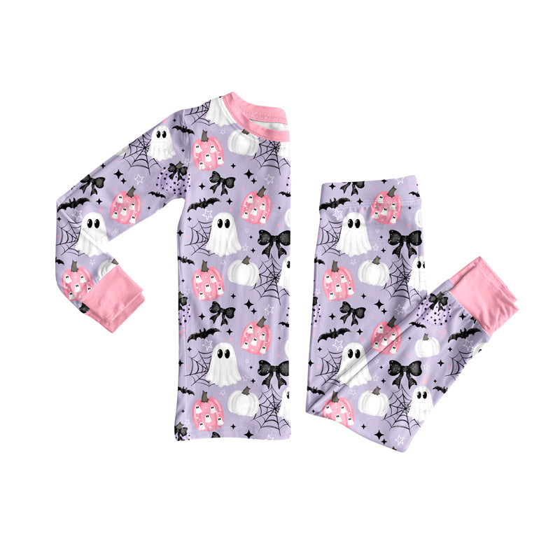 Custom moq 20 bamboo Halloween spooky pumpkin bows purple pink long sleeve pants girls pajamas