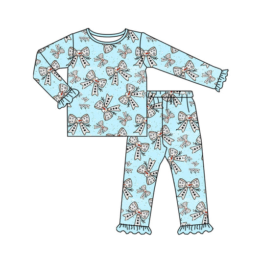 preorder GLP2679 Christmas snowman bows blue long sleeve pants girls pajamas