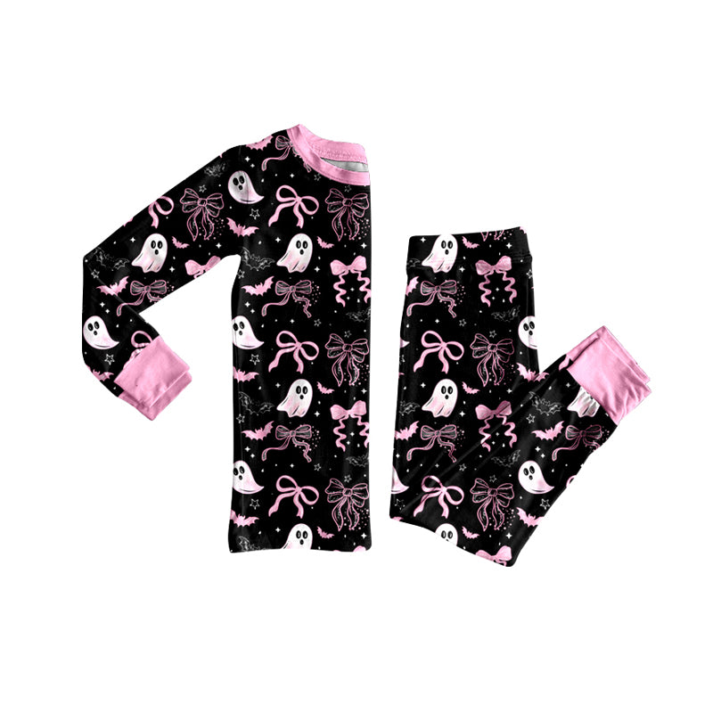 preorder GLP2683 Halloween pink bows spooky bat black long sleeve pants girls pajamas