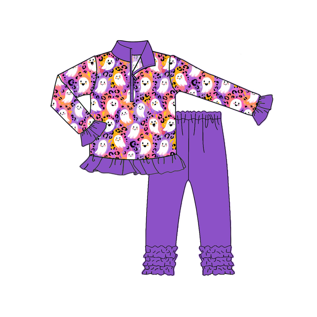 preorder GLP2695 Halloween spooky leopard zipper long sleeve purple pants girls set