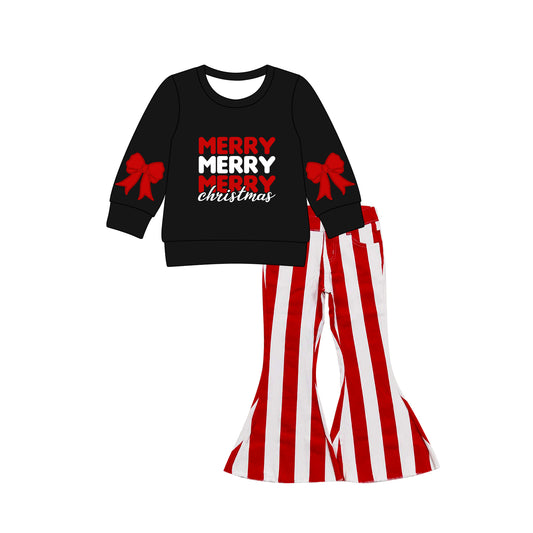 preorder GLP2703 Merry Christmas red bows black long sleeve red striped jeans girls set