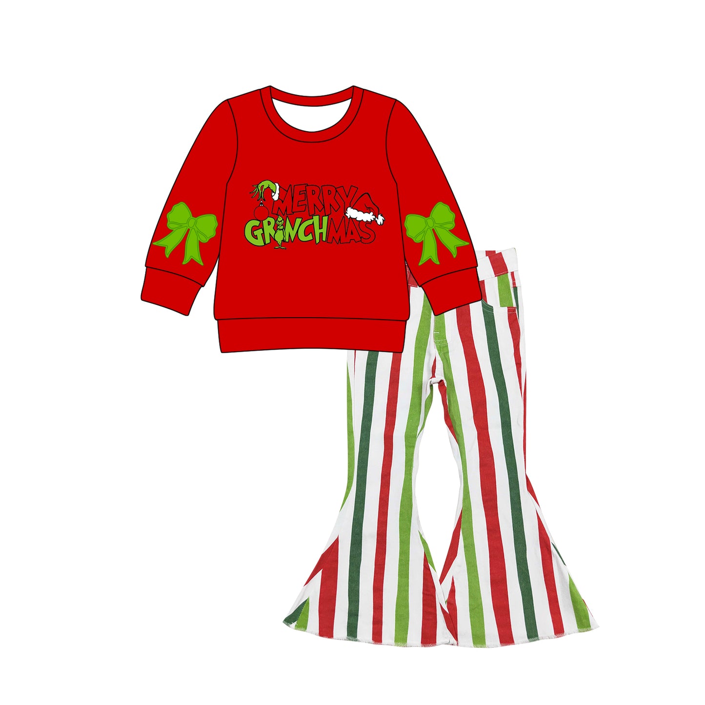 preorder GLP2704 Merry Christmas green face bows long sleeve red striped jeans girls set