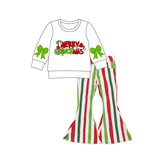 preorder GLP2705 Merry Christmas green face bows white long sleeve striped jeans girls set