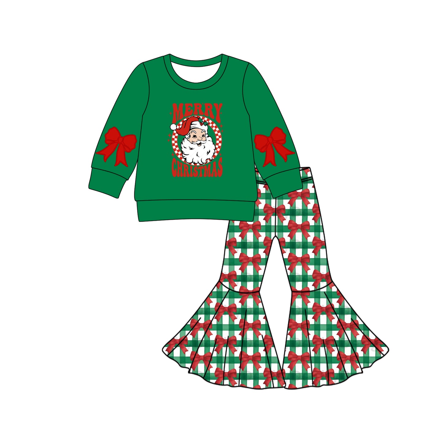 preorder GLP2706 Merry Christmas Santa red bows green long sleeve checkered pants girls set