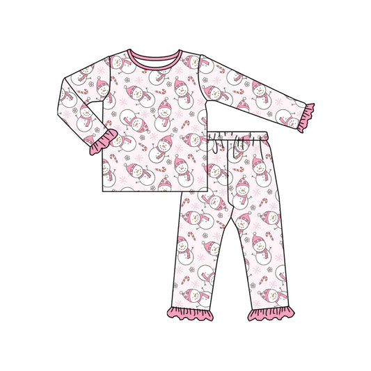 preorder GLP2719 Christmas snowman cane candy pink long sleeve pants girls pajamas