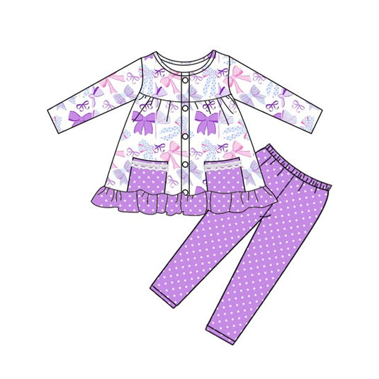 preorder GLP2722 colorful bows purple pockets long sleeve dot pants girls set