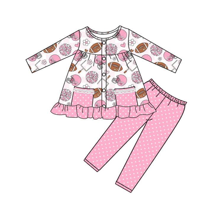 preorder GLP2726 football flowers pink pockets long sleeve dot pants girls set