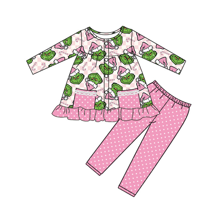 preorder GLP2727 Christmas green face cane candy pockets long sleeve pink dot pants girls set
