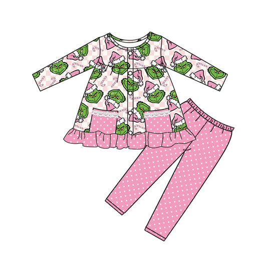 preorder GLP2727 Christmas green face cane candy pockets long sleeve pink dot pants girls set