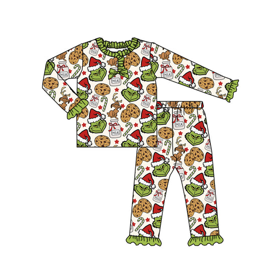 preorder GLP2740 Christmas green face cookie long sleeve pants girls pajamas