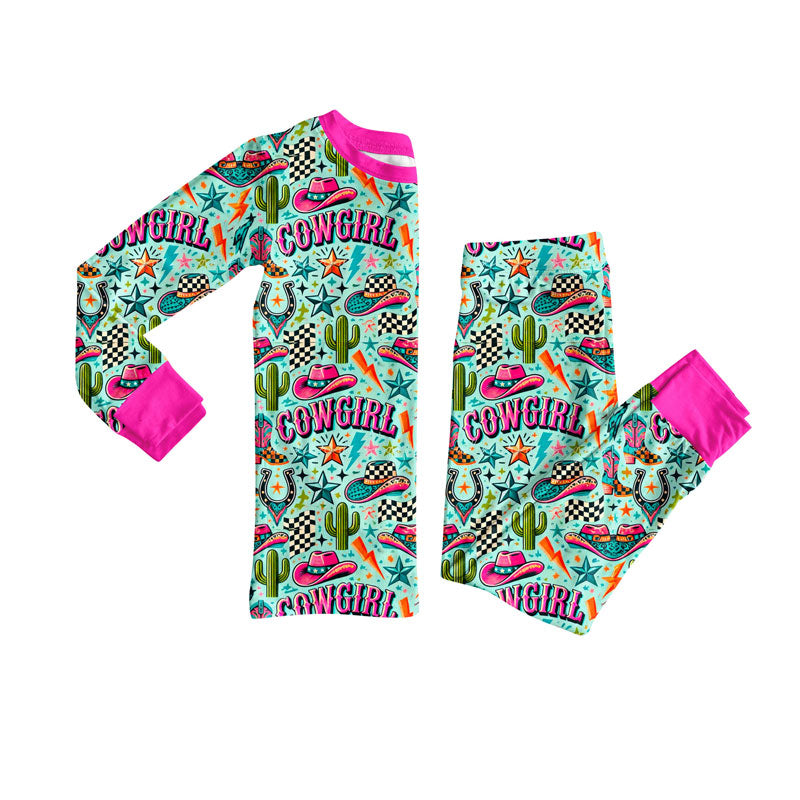 preorder GLP2745 Western cowboy cactus hot pink long sleeve pants girls pajamas