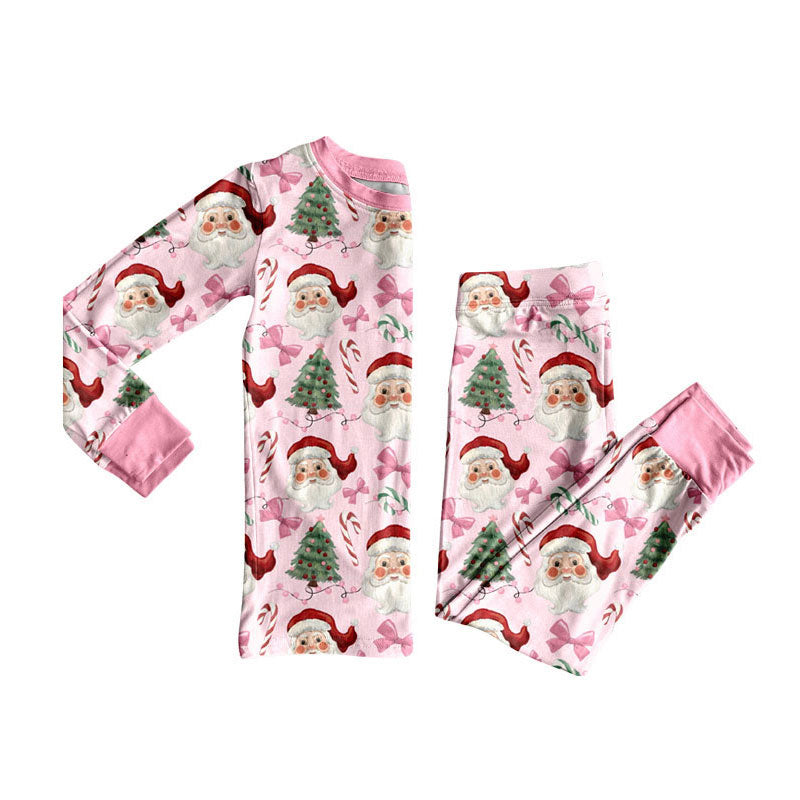 preorder GLP2746 Christmas Santa tree bows pink long sleeve pants girls pajamas
