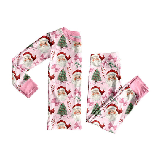 preorder GLP2746 Christmas Santa tree bows pink long sleeve pants girls pajamas