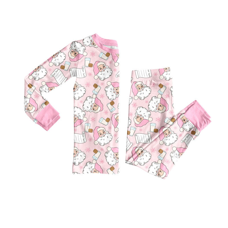 preorder GLP2751 Christmas Santa milk pink zipper long sleeve pink pants girls pajamas