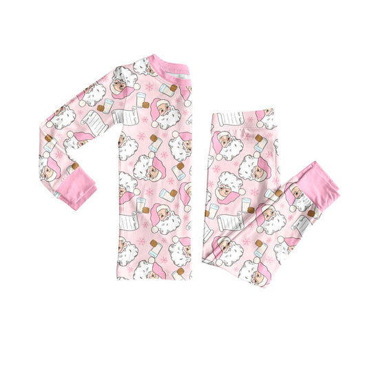 preorder GLP2751 Christmas Santa milk pink zipper long sleeve pink pants girls pajamas