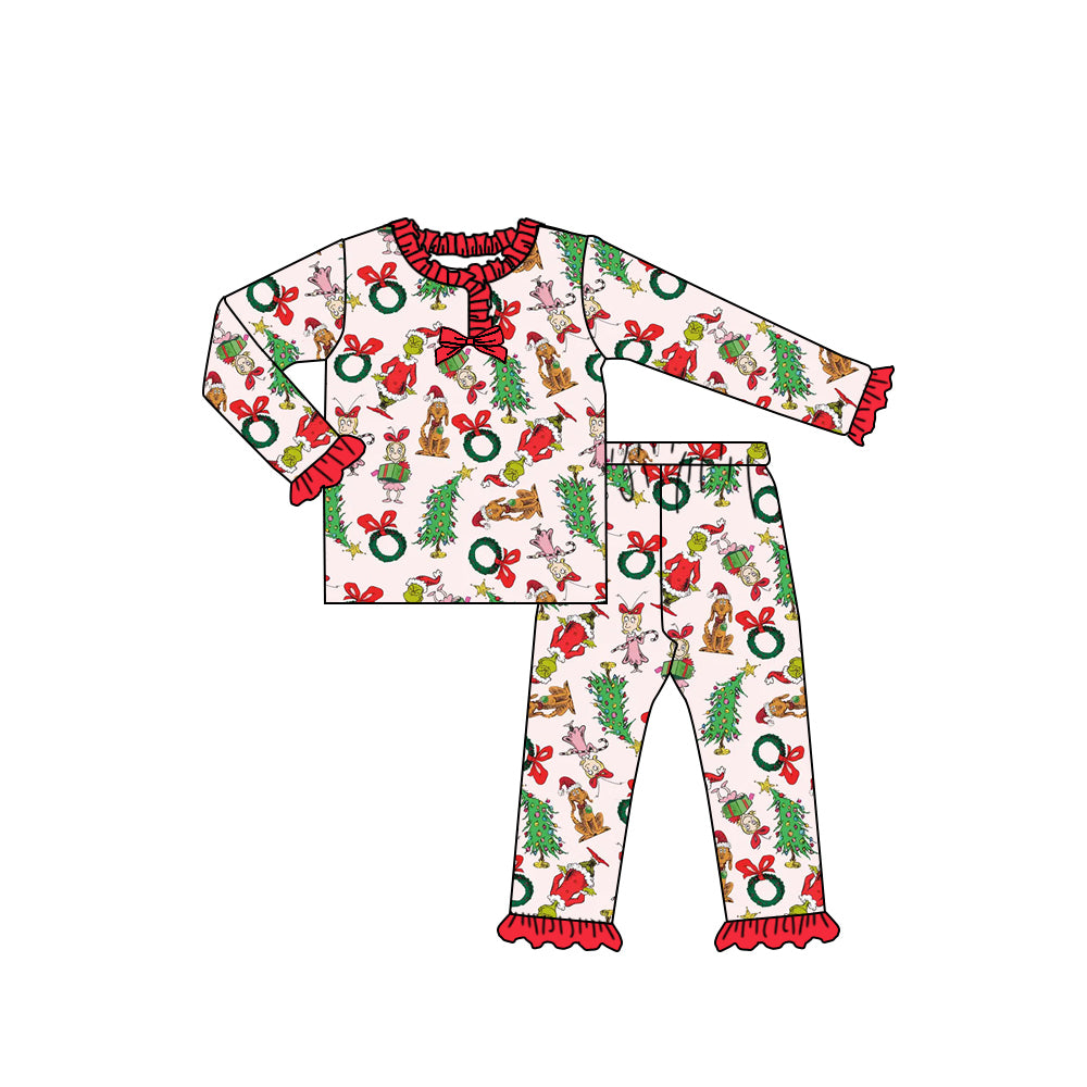 preorder GLP2752 Christmas green face tree red long sleeve pants girls pajamas