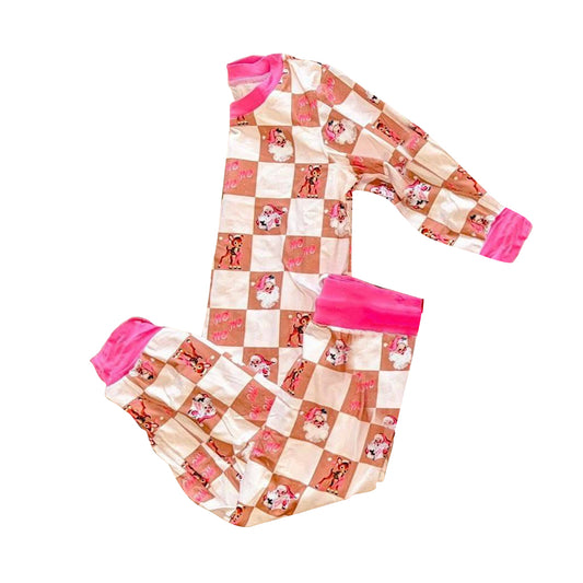 Custom moq 20 bamboo Christmas Santa deer checkered pink long sleeve pants girls pajamas