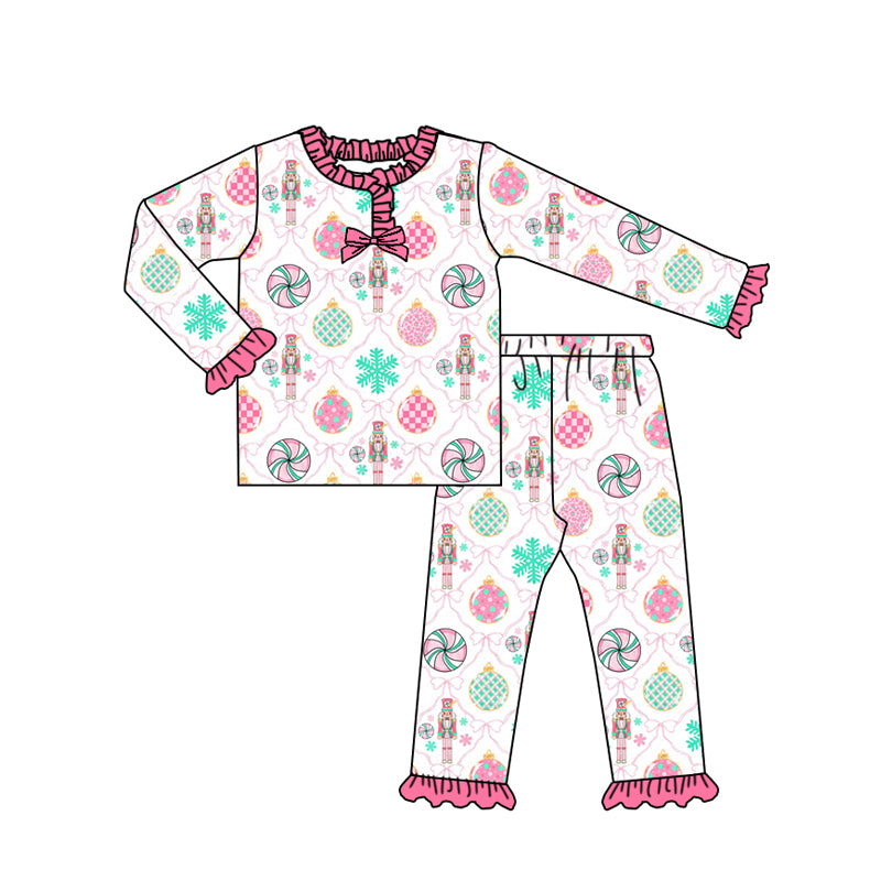 Custom moq 20 bamboo Christmas soldier light pink long sleeve pants girls pajamas