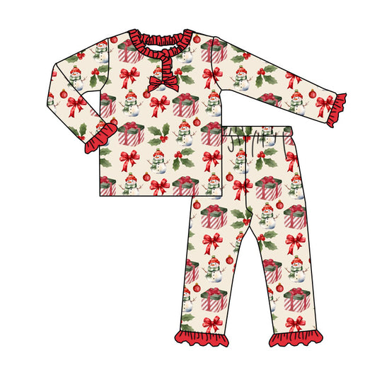 Custom moq 20 bamboo Christmas snowman holly berry red long sleeve pants girls pajamas